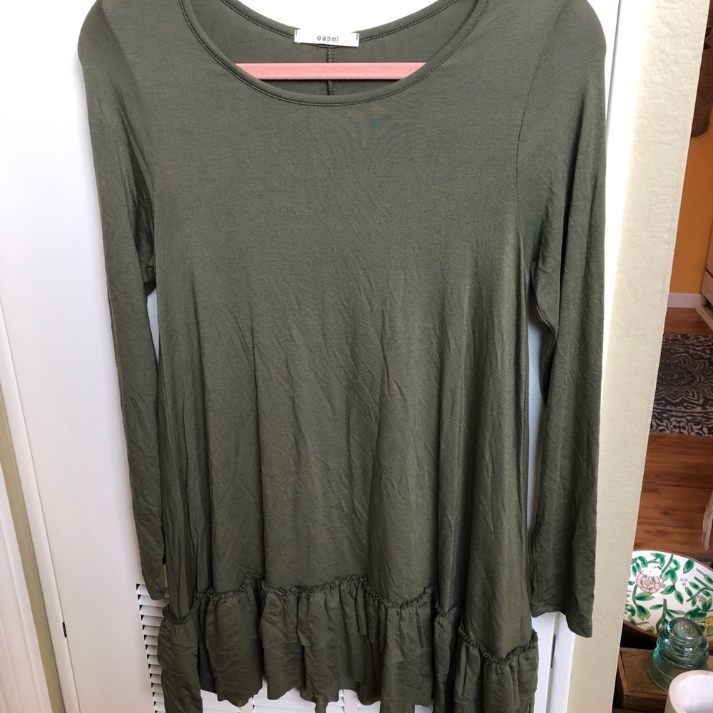 Easel Brand Green Shirt Dress Ruffle Bottom